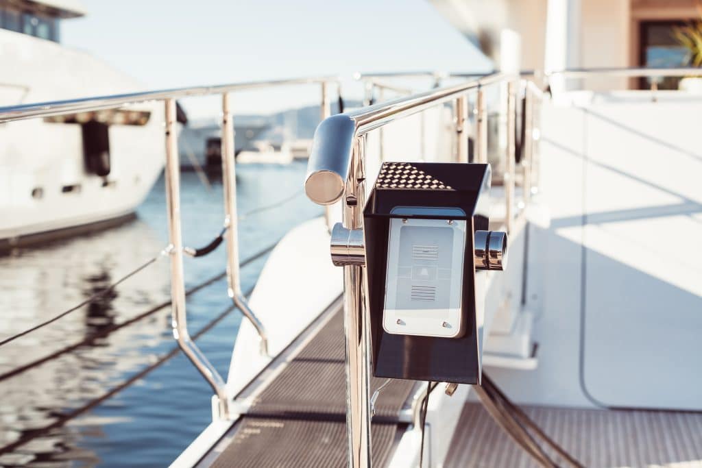 Entrance of a modern yacht with an intercom, the starting point when planning onboard surveillance and access control